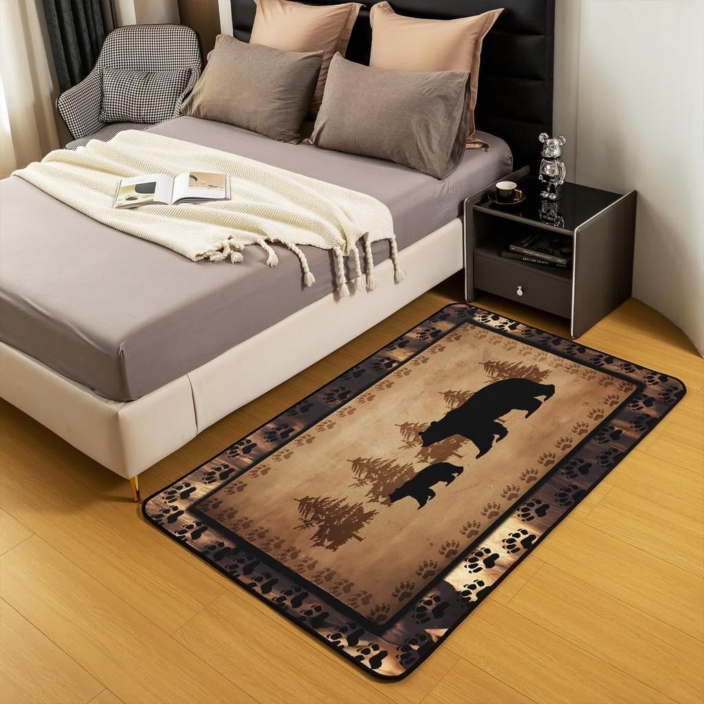 Farmhouse Bear Area Rug for Kids Bedroom and Living Room, Retro Brown Paw Print Carpet, Wild Animal Decorative Floor Mat