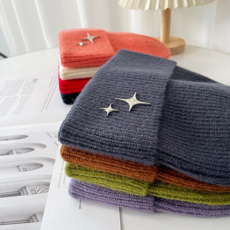 Autumn and Winter Hat Women's Rivet Star Versatile Large Head Circumference Warm Ear Protection Woolen Hat Thickened Face Small Knitted Hat