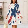 Women Plus Size Round Neck Long Sleeve Printed Red Blue White A Line Gathered Waist Dress