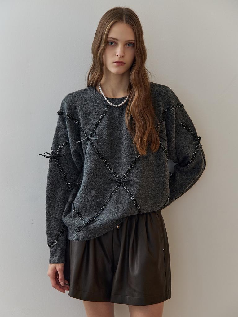 MAXZA Ribbon Detail Glitter Mix Round Neck Knit