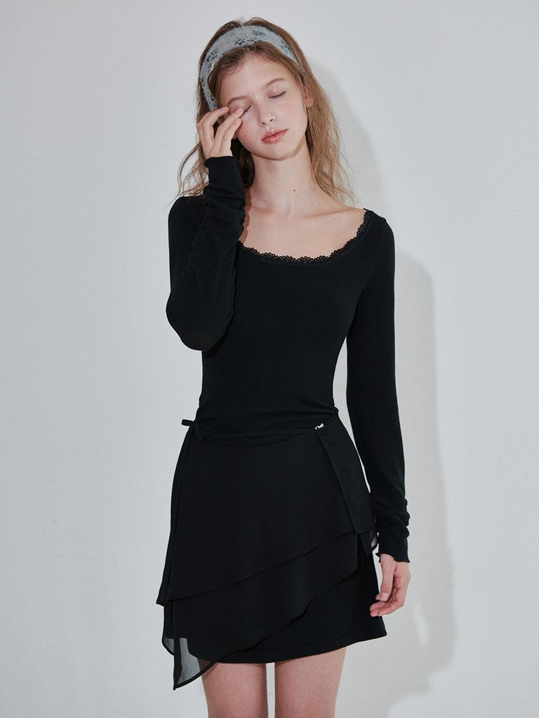 Oal Lace Jersey Mini Dress Wrap Skirt Set_Black