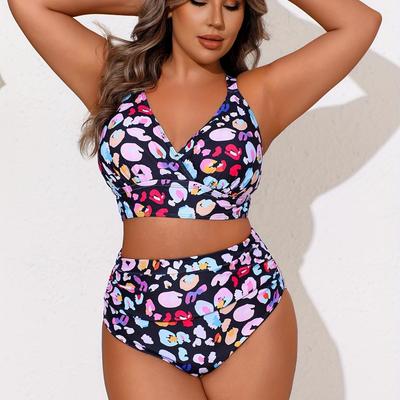 Übergröße Damen Schlankmachender High-Waist Tankini Bikini mit Print