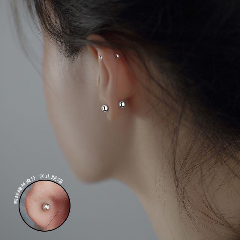 Earlobe Stud Earrings with Silver Pins, Mini Ear Bone Studs, Sleep-friendly, No Need To Remove, Double-headed Threaded Earrings