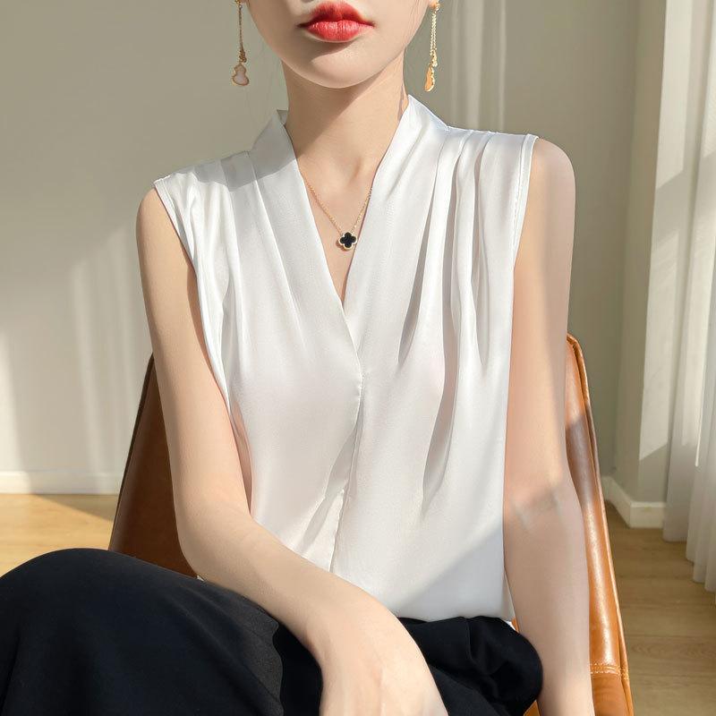Satin Imitation Silk V-neck Sling Vest Women's Summer Suit with Sleeveless Shirt Hanging Neck Solid Color Top
