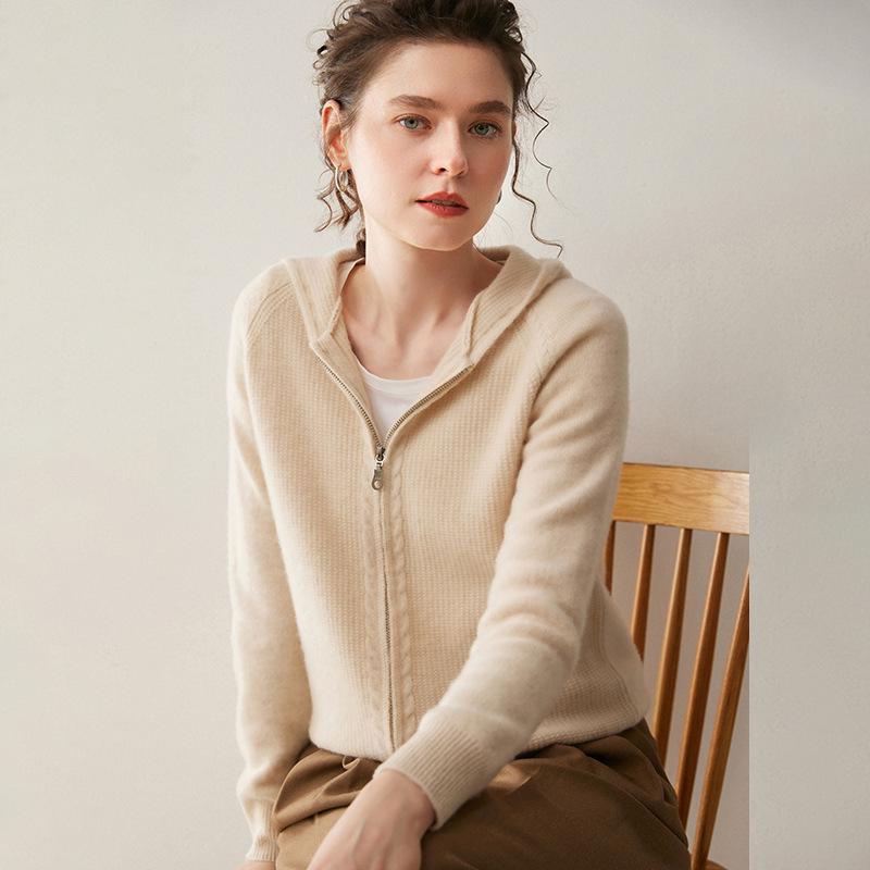 Eleganter Kapuzen-Kaschmir-Cardigan für Damen - Locker, Gemütlich und Hochwertig mit Verdicktem Reißverschluss.