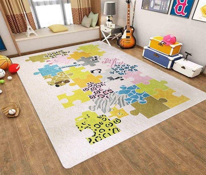 Tapis Enfant - Puzzle - Beige - 80x150cm - 100% Polyester - Antidérapant