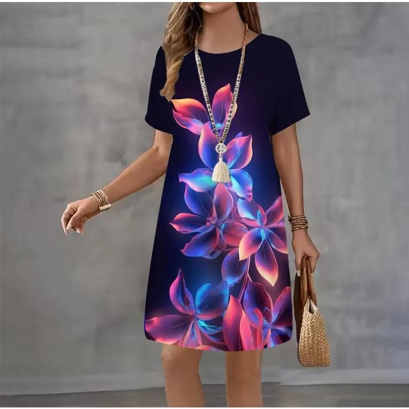 Fashion Women's Crew Neck Dress 3D Butterfly Color Printed Butterfly Dress