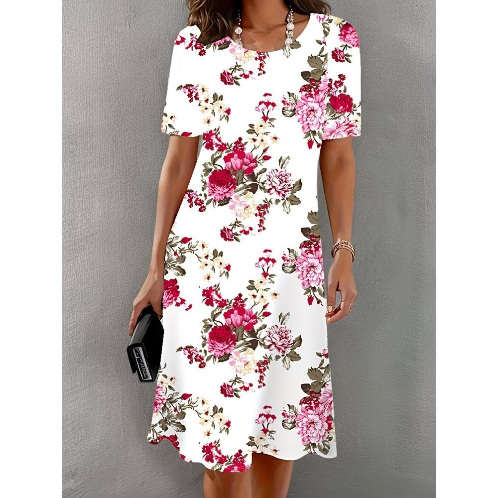 Women's Fashion Graceful Flowers Pattern Print Summer Spring Short Sleeve O-Neck Casual Dresses