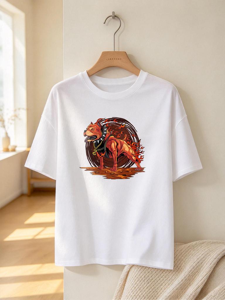 Cool Fire Pitbull Print Casual Comfortable Soft Short Sleeve T Shirt