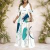 Plus Size Women V Neck Cold Shoulder Tie Cuff Short Sleeve Printed A Line Maxi Dress