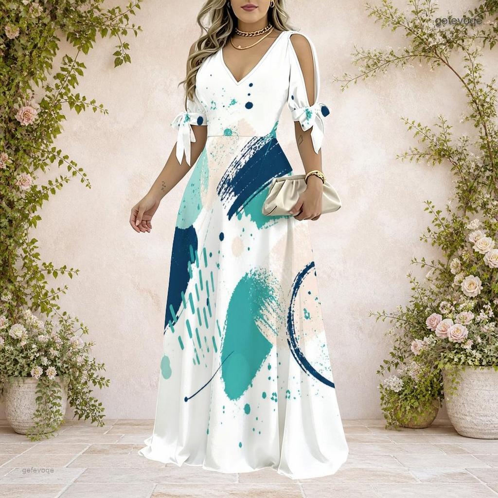 Plus Size Women V Neck Cold Shoulder Tie Cuff Short Sleeve Printed A Line Maxi Dress