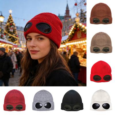 Bonnet Tricoté Couleur Unie Bonnet Tricoté Chaud avec Décoration Lunettes Élastique Coupe-vent Bonnet d'Hiver Extérieur