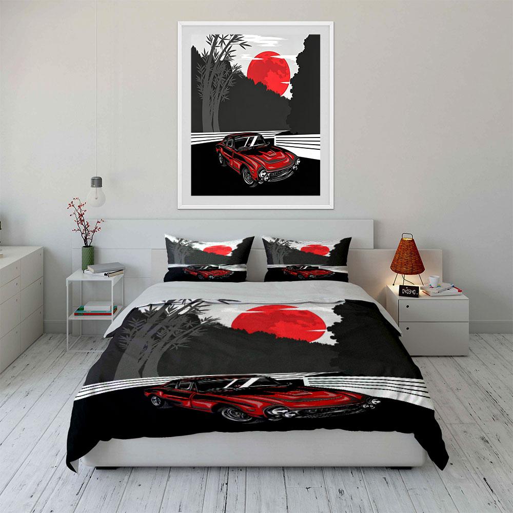 Classic Car Under Red Moon  Kid'S And Adults' Bedroom Decor, Exquisite Three-Piece Bedding Set Gift