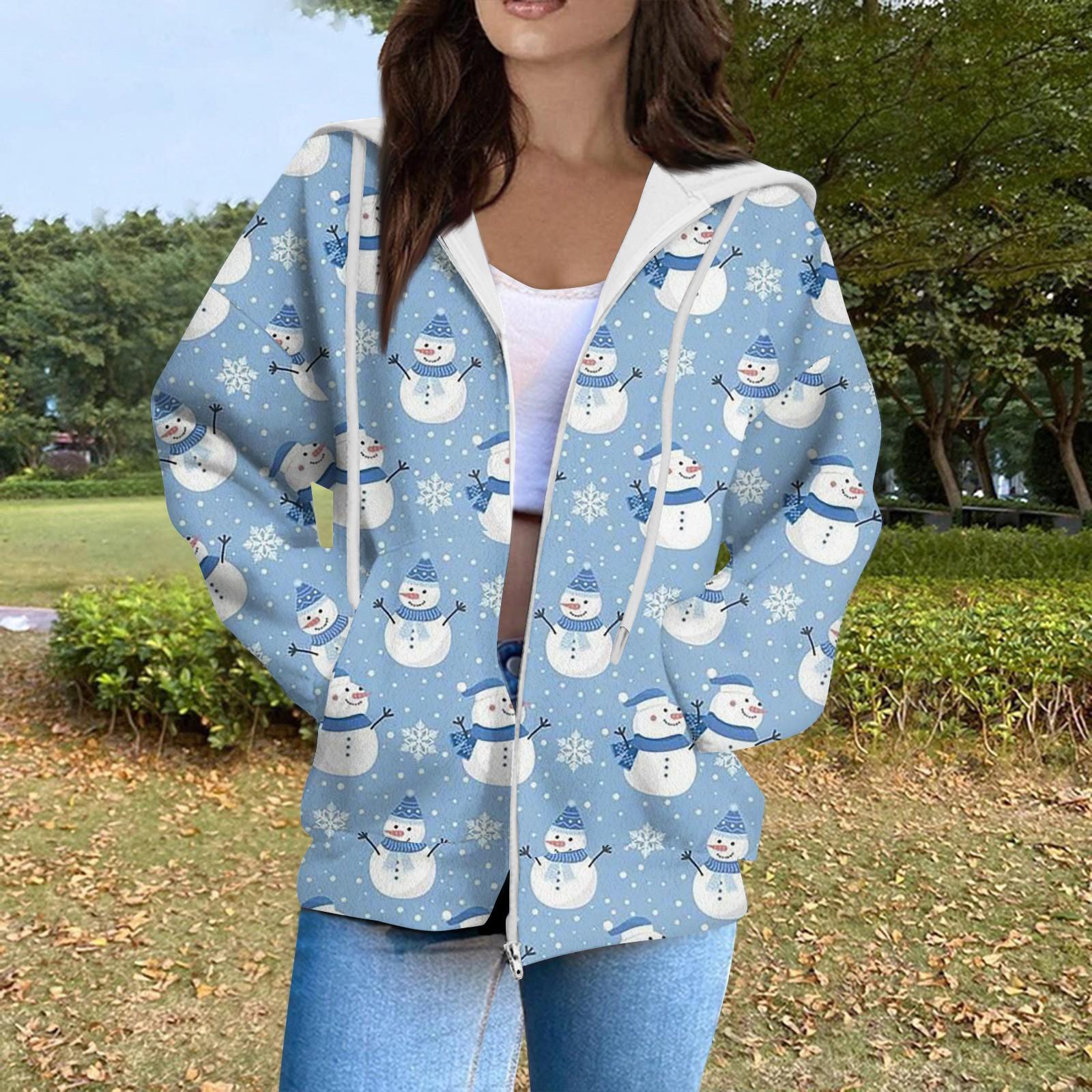 

Жіночий модний повсякденний кардиган з довгим рукавом і різдвяним принтом із кишенею на блискавці L синій