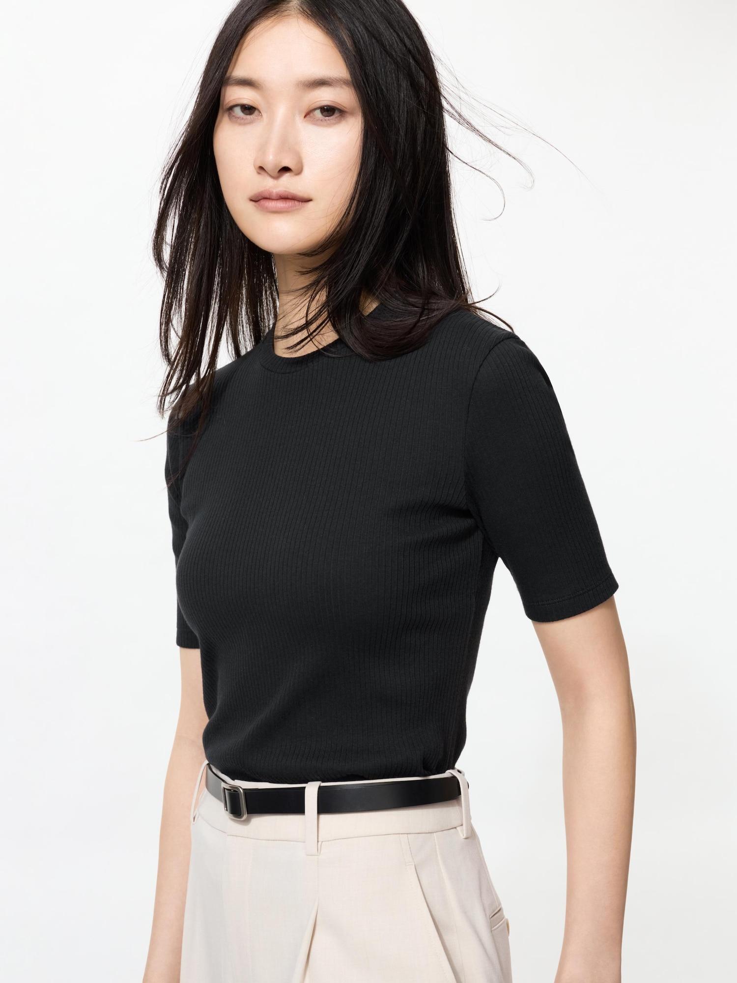 Uniqlo Япония Футболка в рубчик с круглым вырезом 09 BLACK/M
