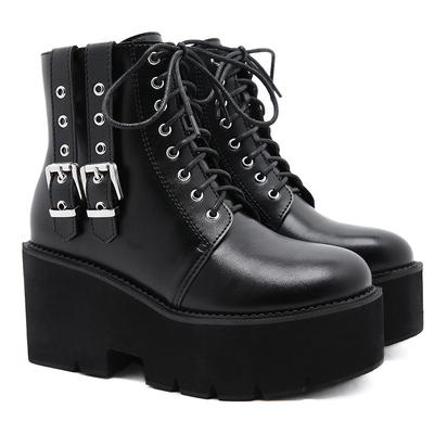 Botine negre cu platformă de luptă pentru femei, cu dantelă, cu cataramă, pantofi de femeie, cizme de iarnă, biker, mărime mare 35-43 pantofi gotici