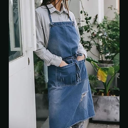 JOYAIYI Stylish Denim Apron, Cafe Apron, 100% Cotton Denim, Bib Cover, Neck Strap, Easy to Put On and Take Off, Perfect for Cooking Classes, Unisex, W