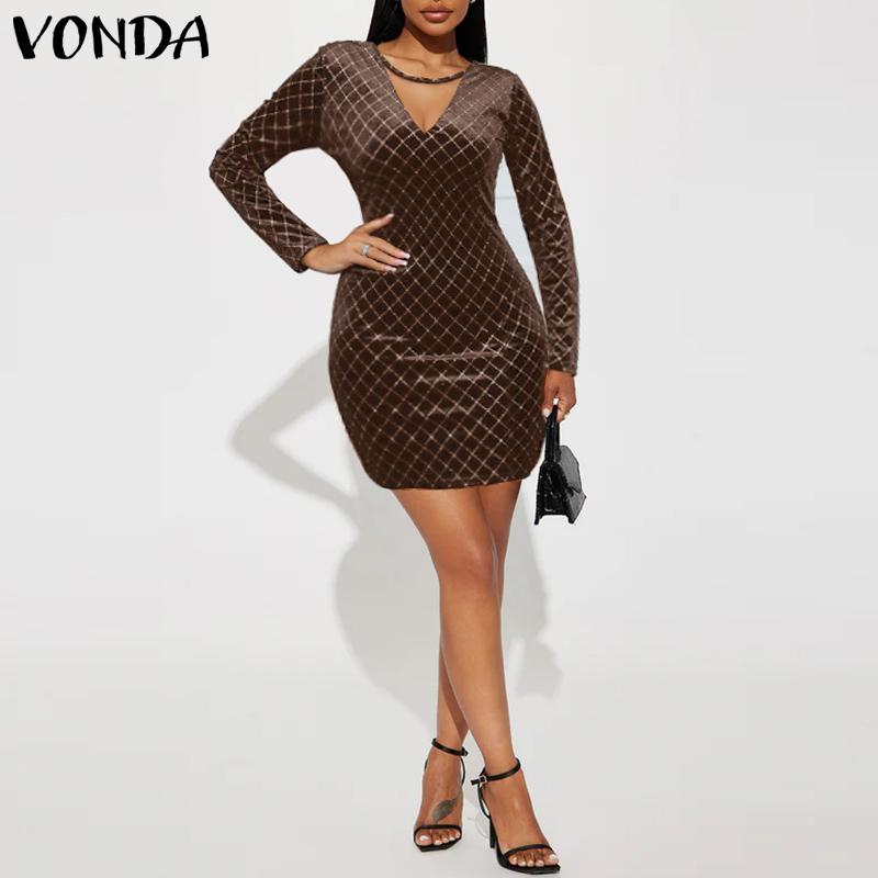 VONDA Women Fashion Solid Color Splicing V-Neck Long Sleeve Dresses