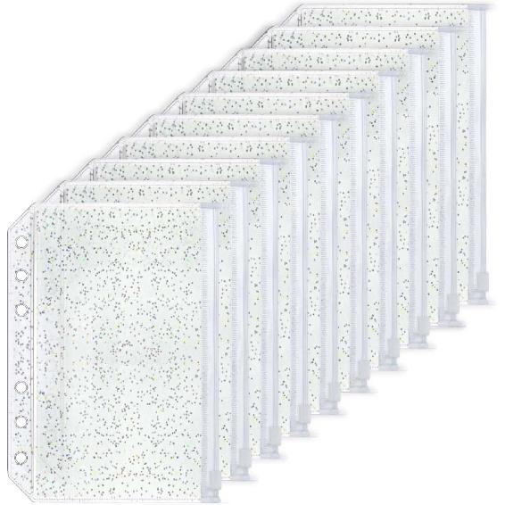 10pcs A5 Cash Stuffing Envelopes Zipper Binder Pockets Clear Glitter PVC 6 Hole Zip Sleeves Loose Leaf Pouches for 6 Ring Binder Planner (A5 5.91" x