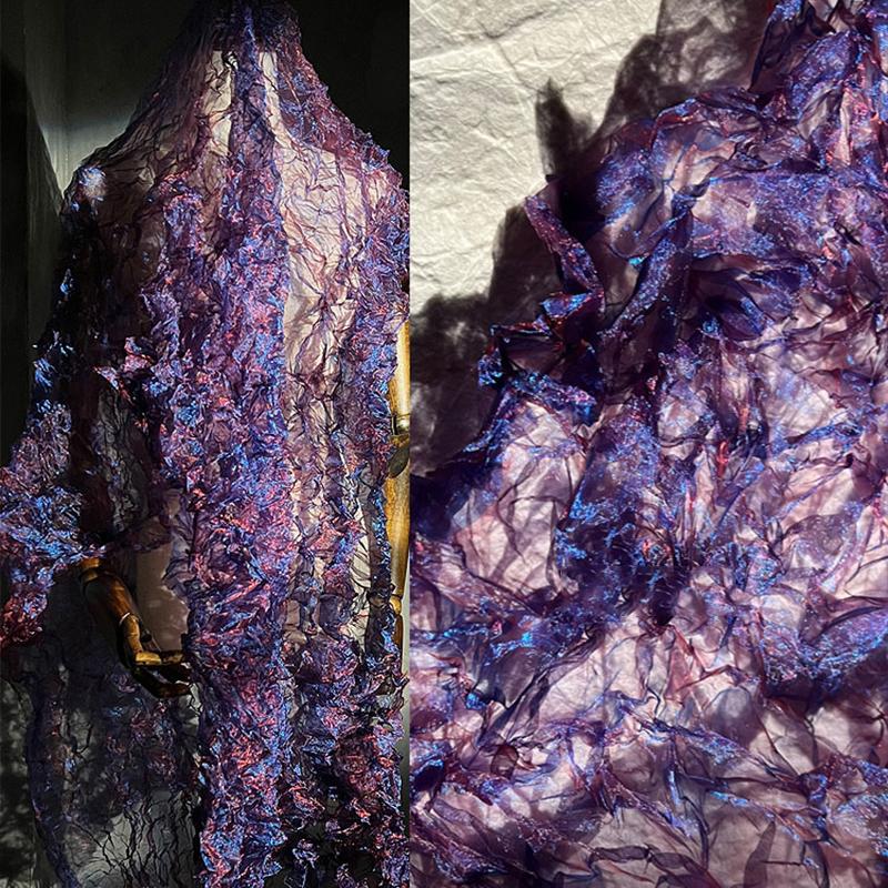 Organza s gradientním barevným přechodem, plisovaná, malý mačkaný vzhled, látka na oděvy, výloha, jevištní pozadí, svatební dekorace, designová látka