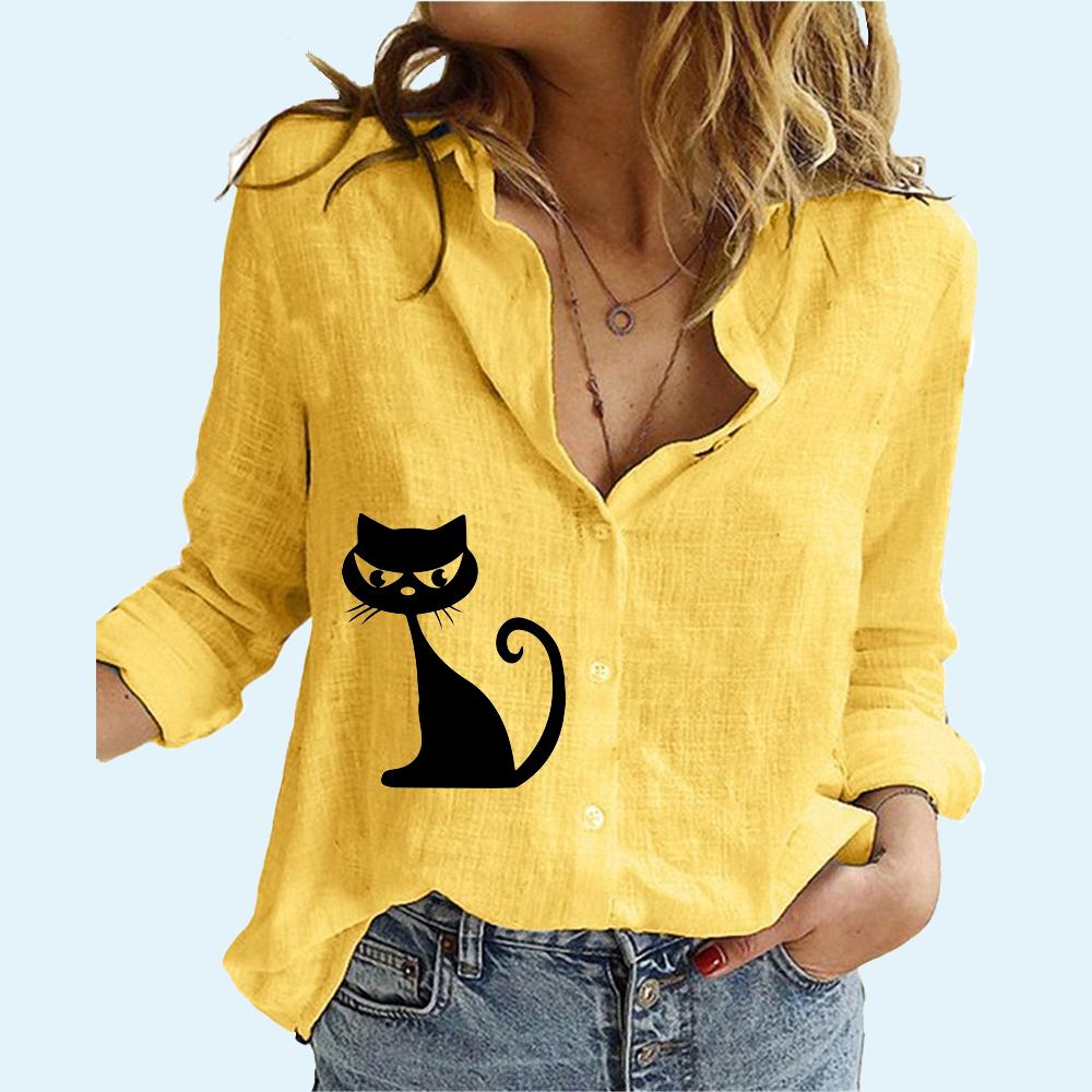 

Женская модная рубашка с длинным рукавом, весна-осень, хлопковый льняной топ, женская летняя повседневная блузка с принтом кота 5XL жёлтый
