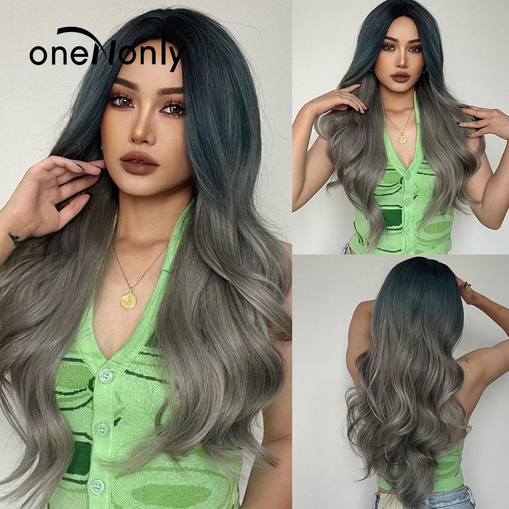 oneNonly Purple Blue Wig with Bangs Long Wavy Cosplay Lolita   Women Wigs  Halloween Party High Temperature Hair