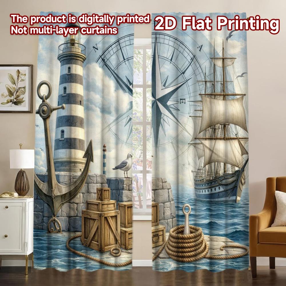 2D FLAT PRINTING 2pcs Curtains (Without Rod) Nautical Lighthouse Scene Popular Creative Curtains Versatile Polyester Curtains 60×150cm