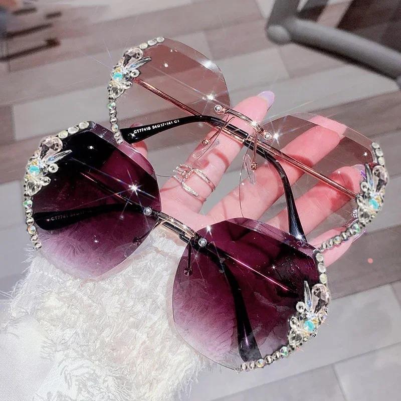Unisex Oversized Outdor Sunglasses Women Luxury Rimless Diamond Eyewear Shades Large Round Frame UV400 Sun Glasses for Female