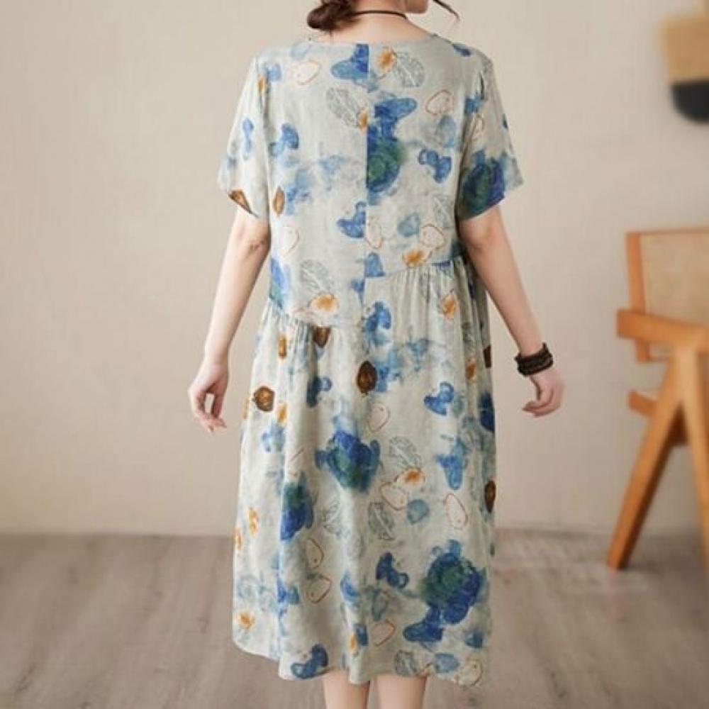 Navava Retro Art Printing Short Sleeve Round Neck Dress No906