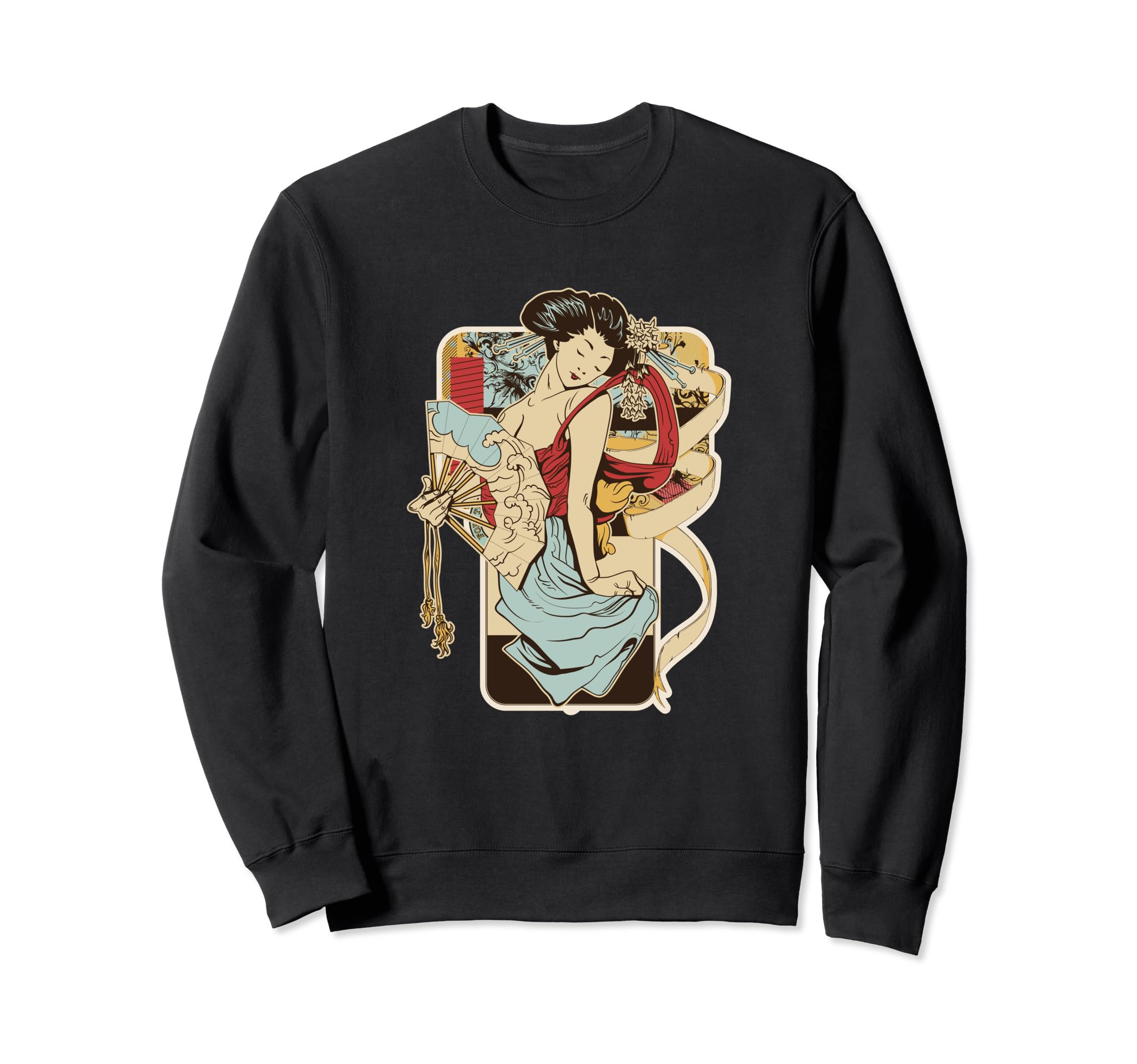Beautiful retro Japanese geisha girl holding a fan Sweatshirt чёрный