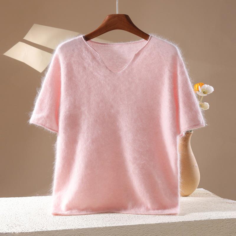 2026 A/W Women's V-Neck Cashmere Wool Knit Short Sleeve Sweater