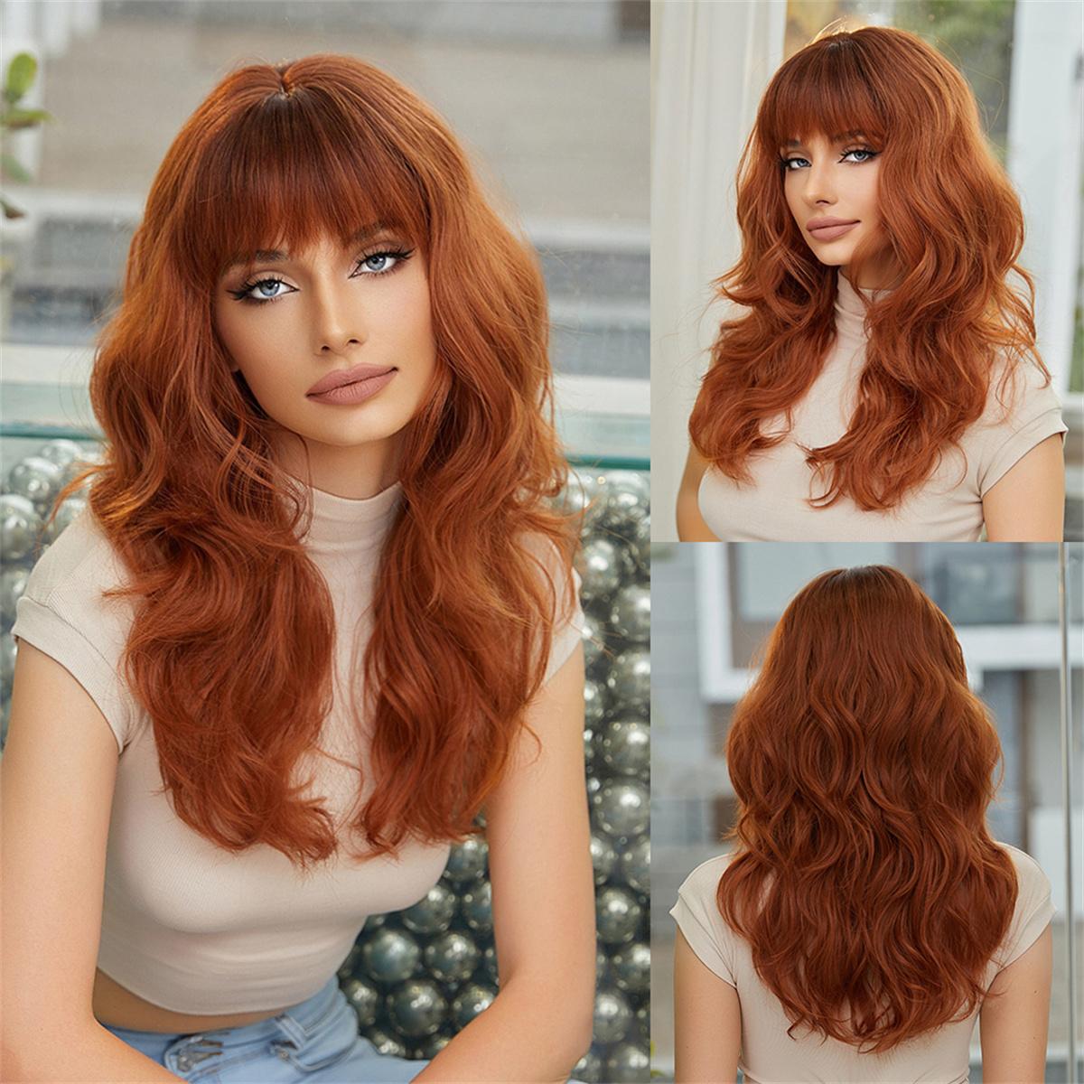 

Довгі хвилясті кучеряві перуки Світло-золотисто-коричнева синтетична перука з чубчиком для жінок Щоденні косплейні перуки з термостійкого волокна