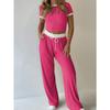 Damen Lässiges Farbblock Zweiteiliges Set mit Kurzarm und Weitbeiniger Hose Sportset