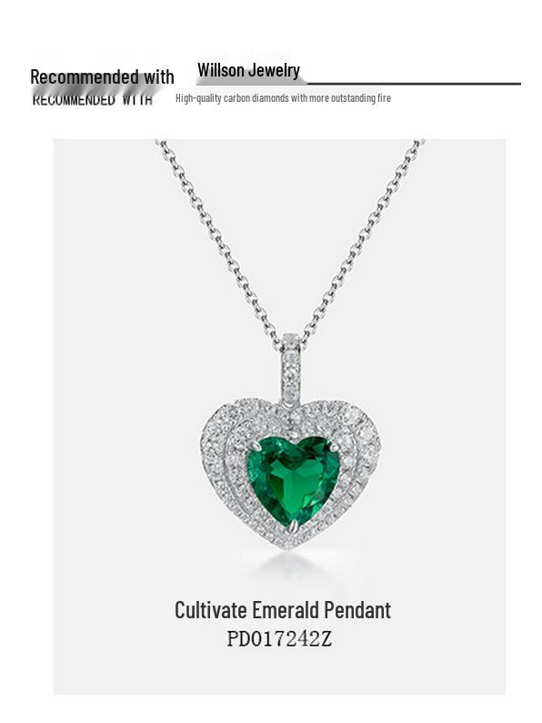 S925 Silver Lab-Grown Emerald Heart Pendant: Retro European-American Style Necklace for Women