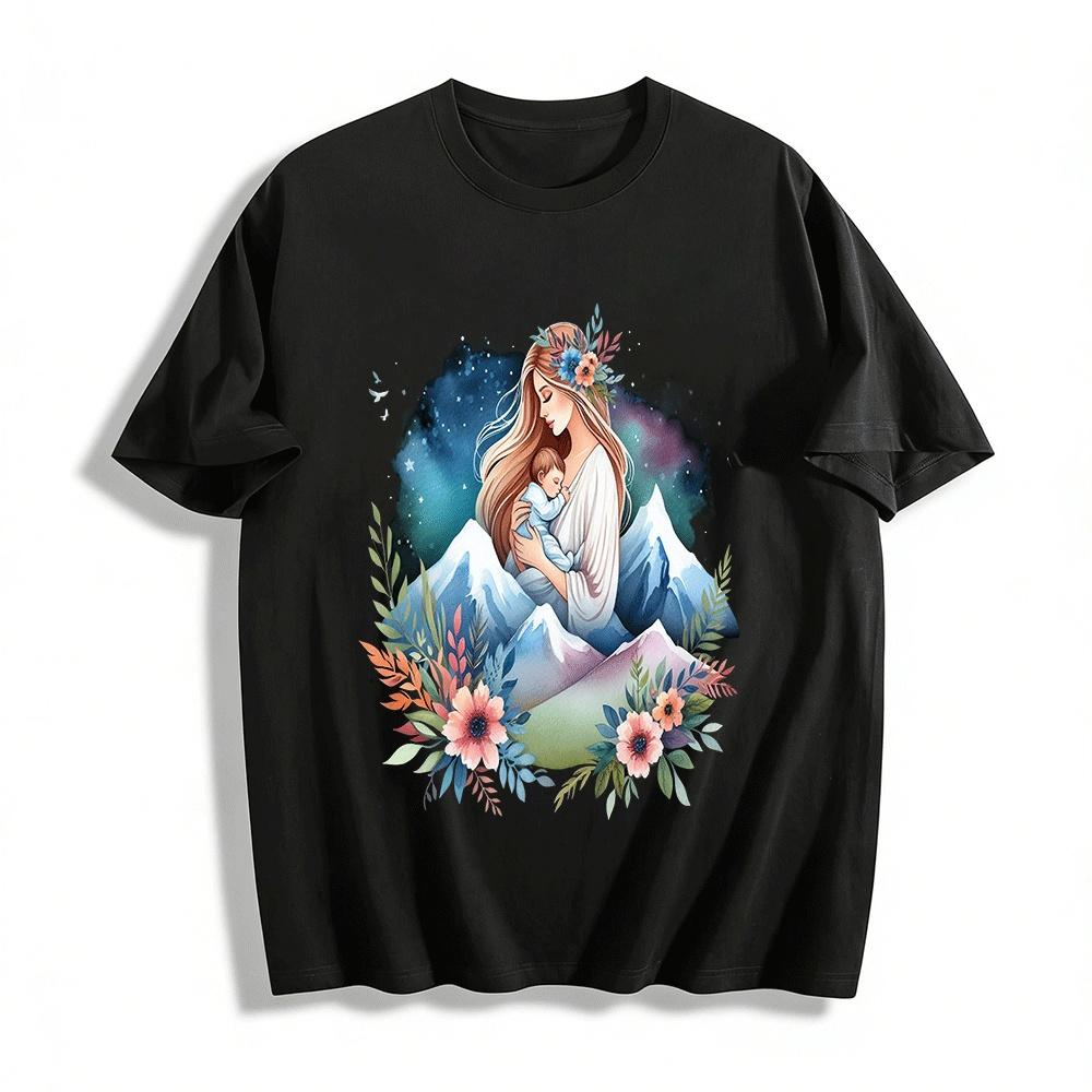 

Gentle Mother Love Snow Mountain Hug Print Casual Loose Top Pure cotton T-shirt XXS