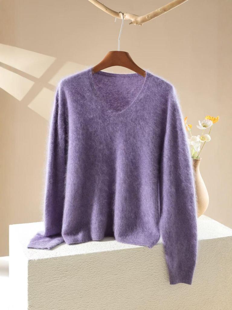 Women's V-Neck Loose Fit Brushed Cashmere Sweater - Autumn/Winter Collection, Seamless Solid Color, Soft and Skin-friendly.