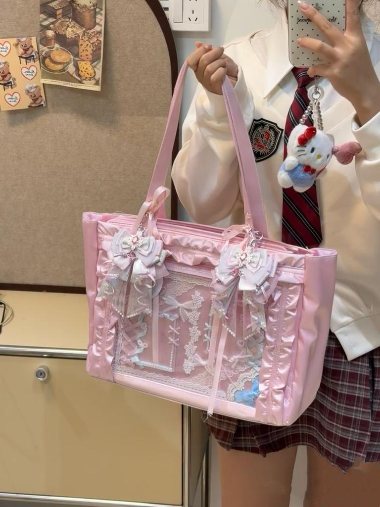 Japanese Sweet Cute Satin Bow Tie Shoulder Bag Women Transparent Badge Anime Ita Bag Ladies Large Capacity Square Handbag 2025