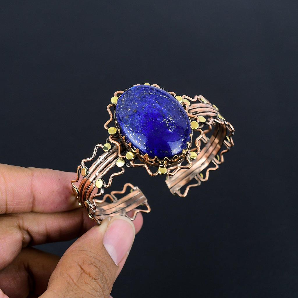 Lapis Lazuli Bangle Handmade Jewelry, 999 Copper Wire Wrapped Bangle Designer Gemstone Jewelry Bangle, Gift For Mom