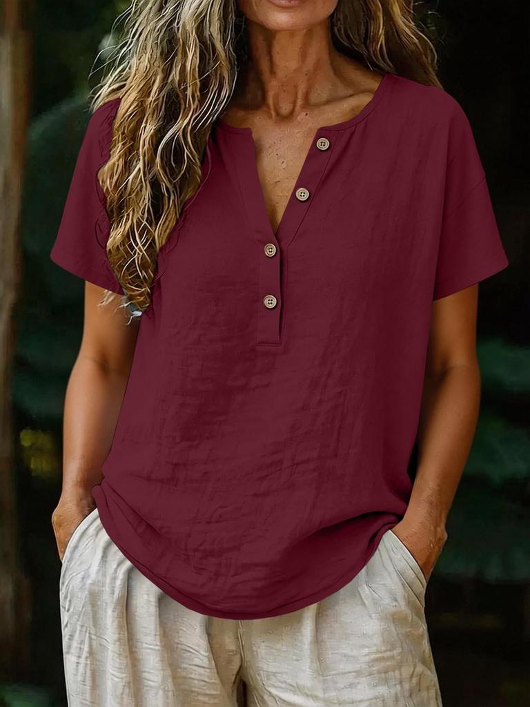 Women's Loose-Fit Fashionable Cotton-Linen Short-Sleeve V-Neck Button-Down Blouse