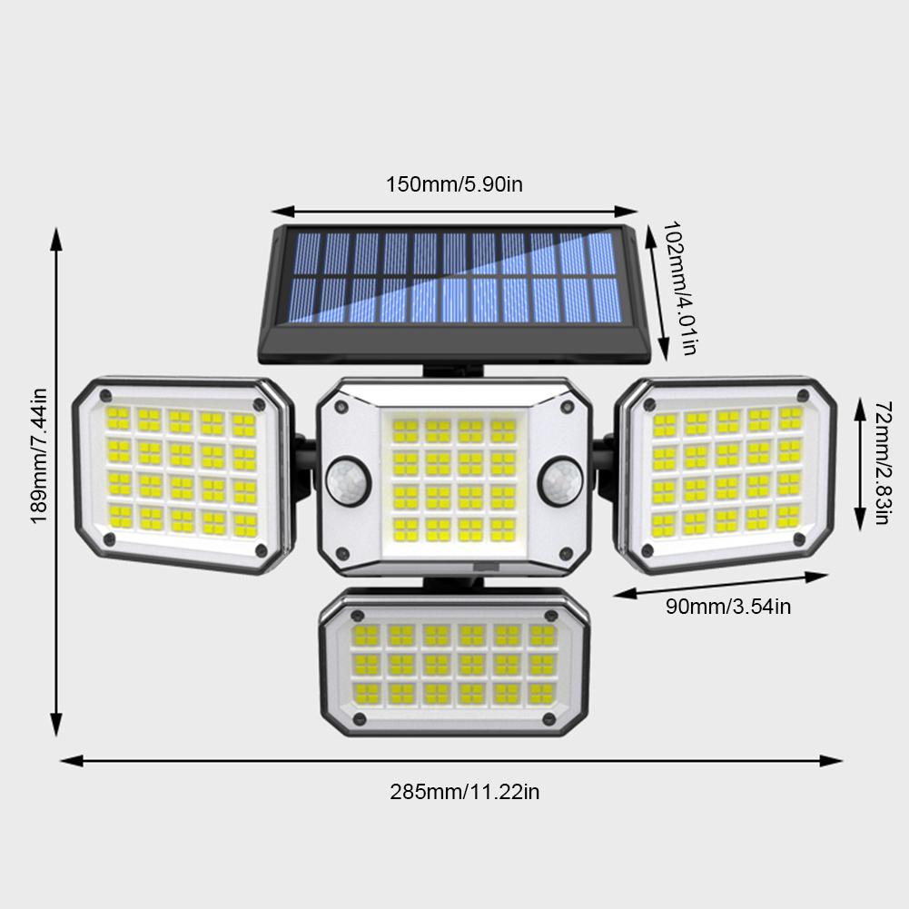 IP65 Waterproof Indoor Solar Lamp Remote Control Solar Lights 306LED 4Heads 270 Degree Wide Angle for Front Door Backyard Garage