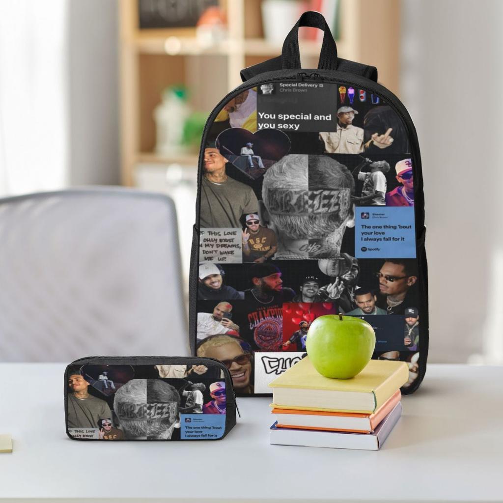 Chris Brown Breezy Bowl XX Tour 2025 Kids Backpack Lunch Box Pen Bags for Boys Girls Backpacks Kawaii Schoolbag Bookbag Set