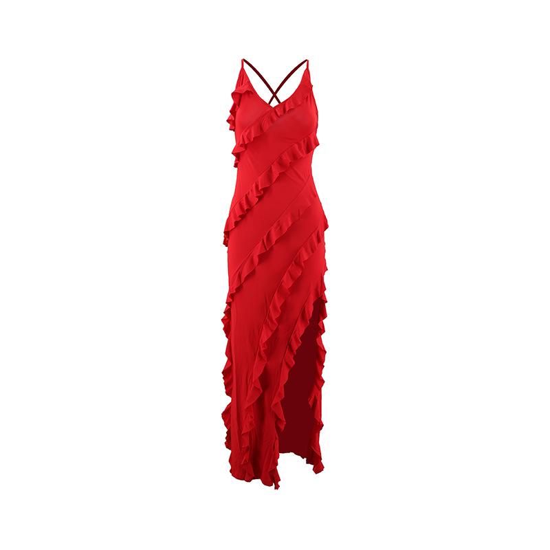 Backless Strapless Maxi Dress Women Summer V Neck Ruffles Side Slit Bodycon Party Dresses Black Red Evening Robes