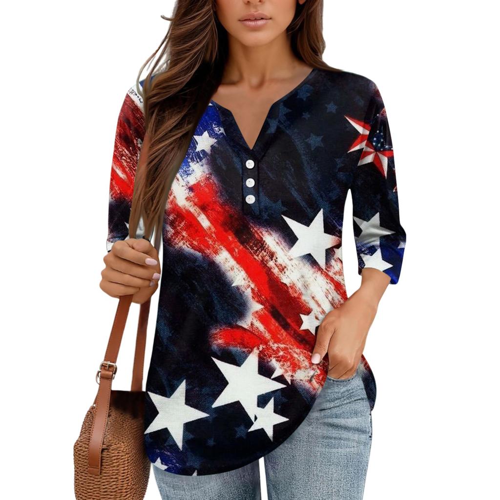 3/4 Length Sleeve Womens Tops Print Vintage Fashion Casual Loose With V Neck Plus Size Shirts Independence Day