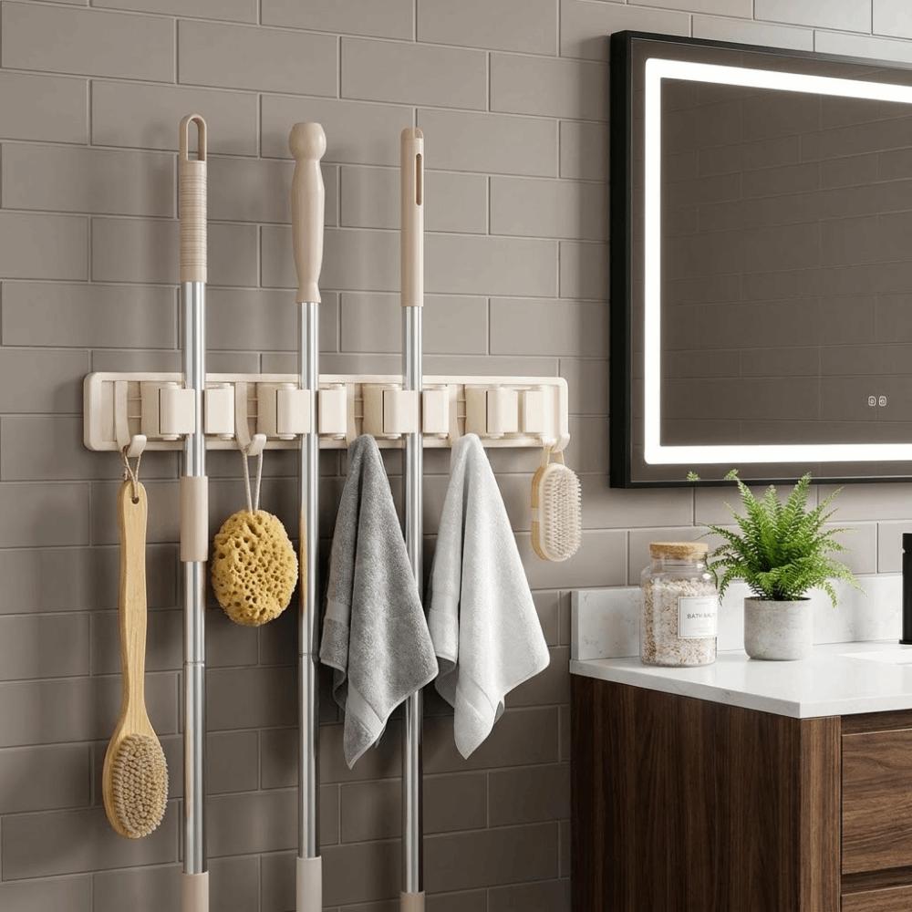 Removable Wall Mounted Mop Rack Space Aluminum Mop Broom Holder Suction Cup Mop Holder for Kitchen