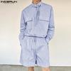 INCERUN Two Pieces Men Stand Neck Striped Long Sleeve Shirts Short Pants Casual Sets
