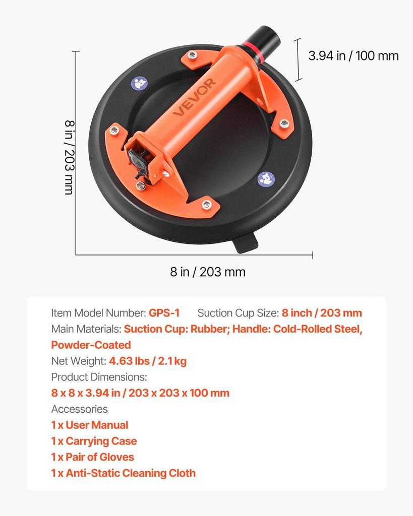 Vacuum Suction Cup, 203 mm Vacuum Glass Lifter with Metal Handle, 195 kg Max Lifting Capacity Tile Suction Cup Tool with Carrying Case for Lifting