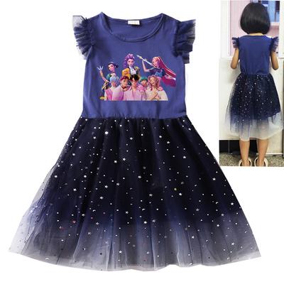 Kids Girls Anime Cartoon K-Pop Singers Print Sleeveless Ruffle Casual Mesh Dress