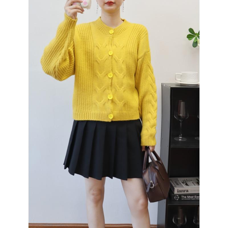 

Autumn and winter new heavy industry twist crew neck solid color knitted cardigan women s loose simple lazy wind sweater jacket One Size