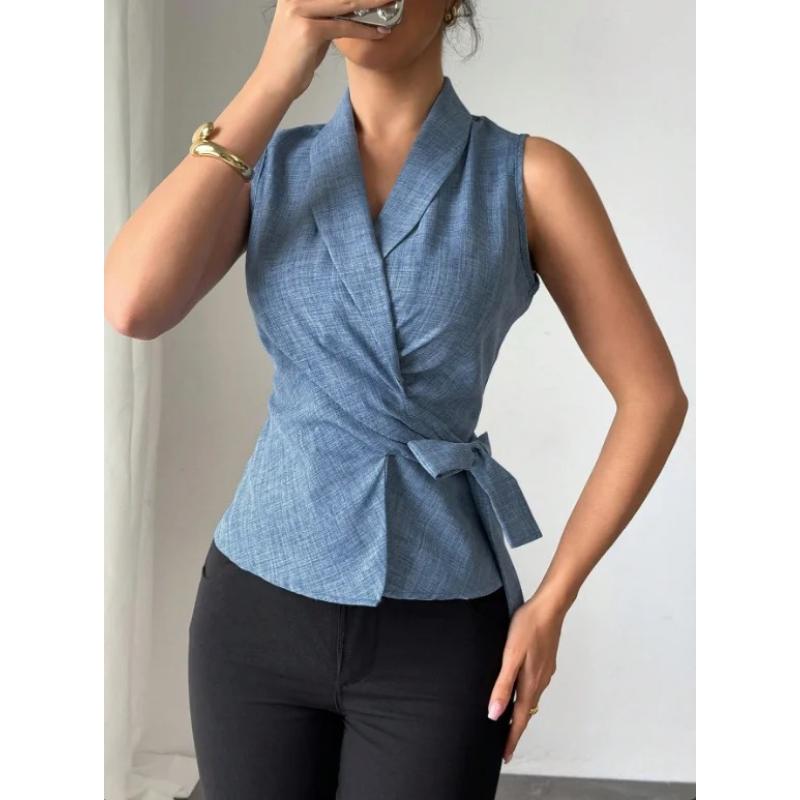 European and American Fashion Waist Cinching Tie Up Lapel Shirt Vest
