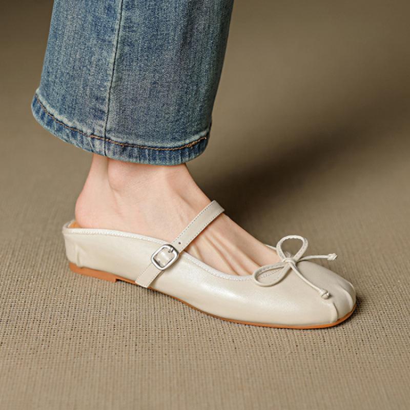 Französische Retro-Innenhöhenverstärkungstasche Kopf Halbschuhe Schleife quadratischer Kopf Schuhe Sommer Oberbekleidung mittlerer Absatz silber Damen Pedal